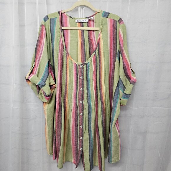 Roaman's Green Rainbow Striped Peasant Blouse Pintuck Festival 32W - Picture 4 of 10